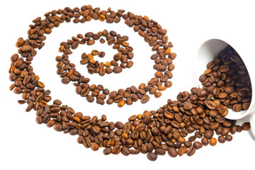 Coffee beans in coffee cup on white background
