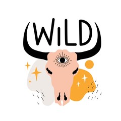Vector illustration with cow or bull skull, stars, doodle elements and lettering word Wild. Trendy apparel print design, colored decoration typography poster