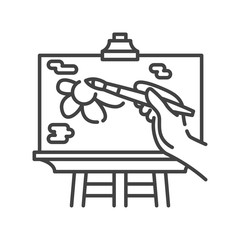 Draw a picture on an easel black line icon. Home leisure. Vector isolated illustration. Editable stroke
