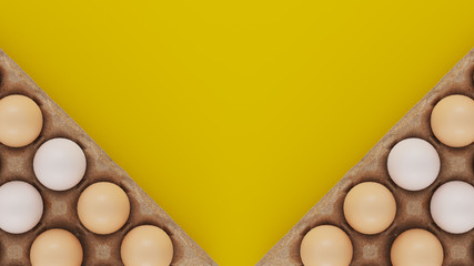 Top view, fresh chicken eggs isolated on a yellow background. Natural healthy food and organic nutrition concept.