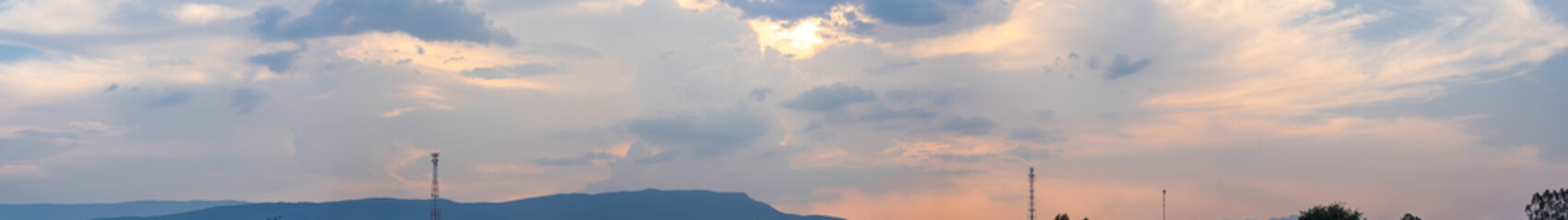 Obraz premium Panorama nature blue sky and cloud on summer, abstract wallpaper background of sky atmosphere, cloudy clear and bright beauty space outdoor nature, high view scenic landscape on summer weather