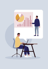 Young man in office watching business data presentation on video conference call. Simple flat cartoon illustration.
