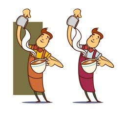 Barista holds cup and making latte or cappuccino art coffee with milk. Vector illustration.