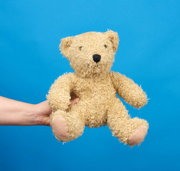 female hand hold a small brown toy teddy bear on a blue background,