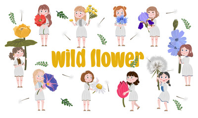 Set Cute cartoon girls in a simple dress with large wildflowers. Dandelion, yellow water lily, tulip, iris, tansy, cornflower, poppy, chicory, bindweed and chamomile. Children's vector illustration
