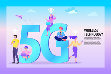 Small characters near big 5G sign. 5G network wireless technology. Flat cartoon style.