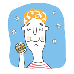 The boy holds a tasty burger in his hand