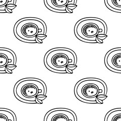 Large mug of coffee or cocoa on a saucer hand-drawn. Vector seamless doodle pattern on white background. Design for textile, print.