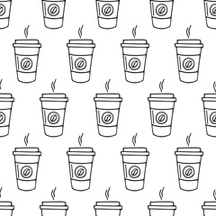 Paper cup of coffee hand-drawn. Vector seamless doodle pattern on white background. Design for textile, print.