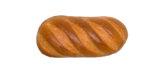 Freshly baked long loaf with crisp isolated on a white background, top view