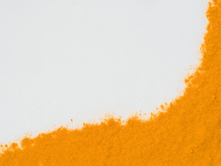 Turmeric Powder or Curcuma longa on white background. Top view. Copy space for text.