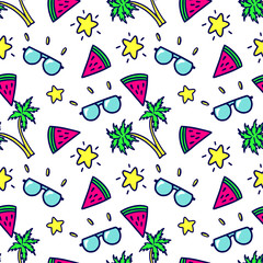 Summer background with sunglasses, palm trees, watermelon and stars. Hand drawn style in vector.