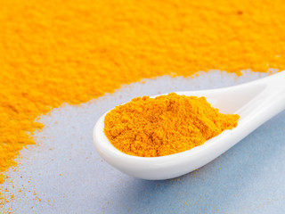 Turmeric Powder or Curcuma longa and white spoon with turmeric powder on gray background. Copy space for text.