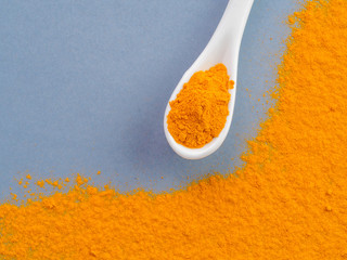 Turmeric Powder or Curcuma longa and white spoon with turmeric powder on gray background. Top view....