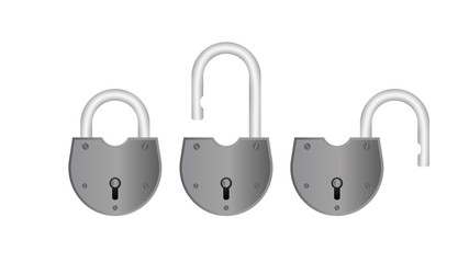 Set of Old metal padlocks. Antique closed padlock is isolated on a white background. Vector.