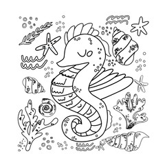 Sea horse cute doodle hand drawn flat vector illustration. marine life animal vector poster floral background.Grass branches with leaves, coral and spots design element. Ocean coloring page