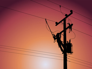 Power outage concept : Lineman is releasing the electricity of the transformer from the high voltage distribution system. To check the cause of the power failure.