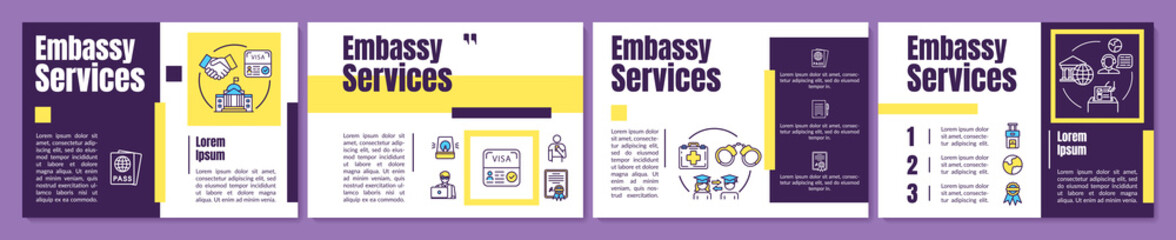 Embassy assistance brochure template. Social service. Flyer, booklet, leaflet print, cover design with linear icons. Vector layouts for magazines, annual reports, advertising posters