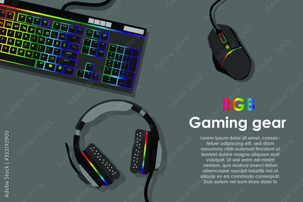 Wall mural gamer workspace concept, top view a gaming gear, mouse, keyboard, joystick, headset, mobile joystick