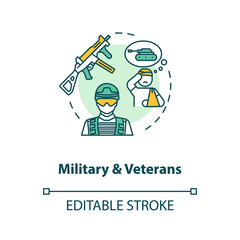 Military and veterans social service concept icon. War combats medical rehabilitation and emotional support thin line illustration. Vector isolated outline RGB color drawing. Editable stroke