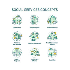 Social services concept icons set. Criminal justice. People medical and financial support organizations idea thin line RGB color illustrations. Vector isolated outline drawings. Editable stroke