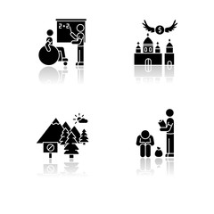 Social service drop shadow black glyph icons set. Inclusive education. Donation to christian church. Offer to religious congregation. National park. Isolated vector illustrations on white space