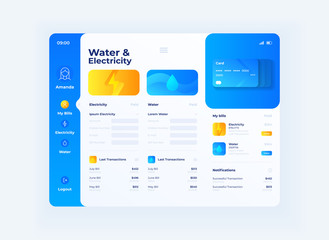 Water and electricity prices tablet interface vector template. Mobile app page day mode design layout. Utility bills screen. Flat UI for application. Economy and banking. Portable device display