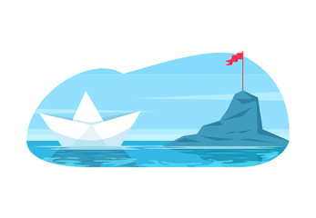 Challenge metaphor semi flat vector illustration. Business objective and career goal. Future discovery. Paper toy boat navigate to reach mountain. 2D cartoon objects for commercial use