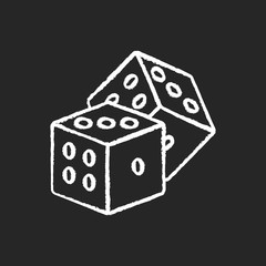 Dice games chalk white icon on black background. Traditional board games, gambling. Friendly party entertainment activity, casino recreation. Cubes with dots isolated vector chalkboard illustration