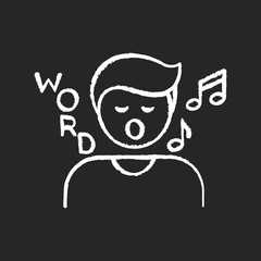 Song game chalk white icon on black background. Fun board game, musical entertainment. Recreational activity for family, friendly parties. Singing person isolated vector chalkboard illustration