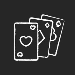 Card game chalk white icon on black background. Traditional casino pastime, poker. Competitive gambling activity, risky table game. Cards of different suits isolated vector chalkboard illustration