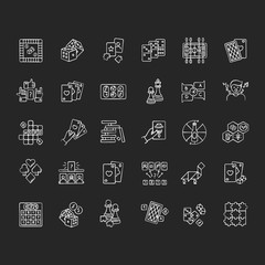 Board games chalk white icons set on black background. Popular recreation activities, entertainment for family and friends. Different games played on table. Isolated vector chalkboard illustrations