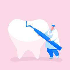 Tiny Dentist Doctor Character Carry Carver Stomatological Instrument Care of Huge Tooth. Dentistry Occupation, Caries Prevention and Treatment. Stomatology Clinic Service. Cartoon Vector Illustration
