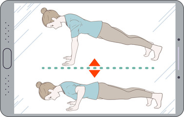 オンライントレーニング、プッシュアップ、姿勢、女性