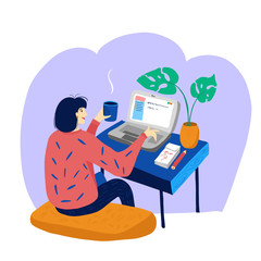 A woman works at a laptop with a cup of tea. Stay at home, work from home, flowers in a pot, home office. Flat Vector Illustration.