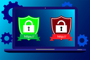 http and https protocols on shield. Safe and Secure https. Secured ssl shield and padlock symbols. http and https protocols on shield on laptop screen. 