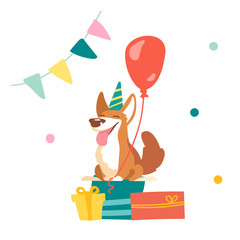 Kawaii Corgi Dog Celebrate Birthday in Room Decorated with Flag Garland and Confetti. Cute Funny Pet Character in Festive Hat Sitting on Wrapped Presents with Balloon. Cartoon Vector Illustration