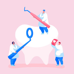 Tiny Dentists Characters Checking Tooth for Caries Hole in Plaque. Doctors Hold Stomatology Mirror, Carver and Xray Image. Dentistry People Working for Dental Care Teeth. Cartoon Vector Illustration
