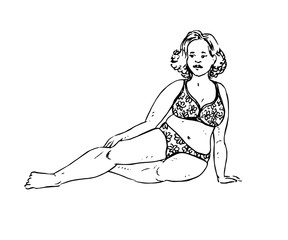 Girl plus size sitting in bikini, hand drawn doodle, drawing in gravure style, sketch illustration