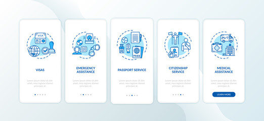 Administration assistance onboarding mobile app page screen with concepts. Passport help. Social service walkthrough 5 steps graphic instructions. UI vector template with RGB color illustrations
