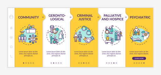 Community onboarding vector template. Support for elderly people. Psychiatric therapy. Nursing home. Responsive mobile website with icons. Webpage walkthrough step screens. RGB color concept