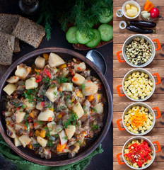 Collage step by step cooking vegetable stew with potatoes and eggplant, selective focus