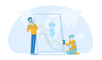 Financial Crisis. Shocked Businesspeople Characters Feeling Failure and Frustrated with Market Crash. Stressed Business Man Close Mouth Trying not to Cry, Woman Beg. Linear People Vector Illustration