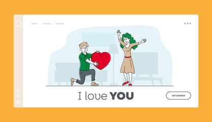 Love, Human Relations, Surprise Landing Page Template. Loving Boyfriend Character Presenting Huge Heart to Girlfriend Standing on Knee. Man Make Proposal to Woman. Linear People Vector Illustration