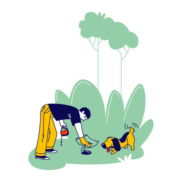 Dog Owner Character Remove Dog Shit From Ground In Park Or House Yard Using Plastic Bag On Hand. Man Care Environment, Follow Cleaning Rules While Walking Domestic Animal. Linear Vector Illustration