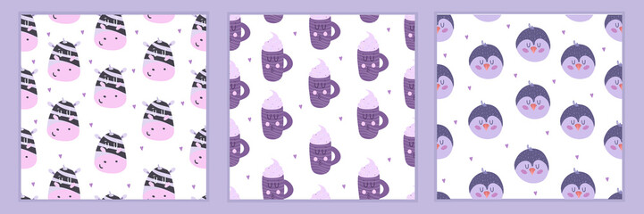 Fototapeta na wymiar Set of cute patterns with animals of three pieces. Vector illustration