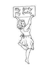 Happy girl plus size in dress jumping with nameplate with slogan 