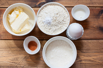 step-by-step cooking of traditional Jewish cookies with cinnamon Zemelah, step 1 - preparation of ingredients, selective focus, top view