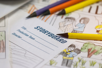 Storyboard layout for pre-production, storytelling drawing creative for process production media films. Script video editors writing graphic organizer in form of illustrations displayed in maker shoot