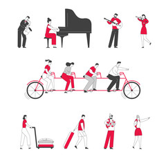 Set of Male and Female Characters Playing on Musical Instruments Grand Piano, Saxophone, Violin and Guitar, Tourists Traveling with Luggage, People Team Riding Tandem Bike. Linear Vector Illustration
